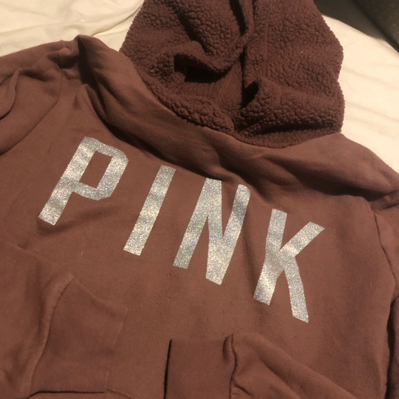 VS PINK Sherpa Hooded Sweatshirt Hoodie Slim Fit Cropped Glitter Graphic Sz S M - Picture 2 of 5